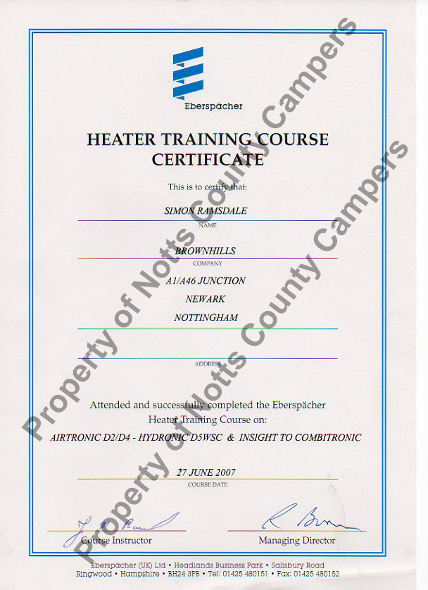 Eberspacher certificate